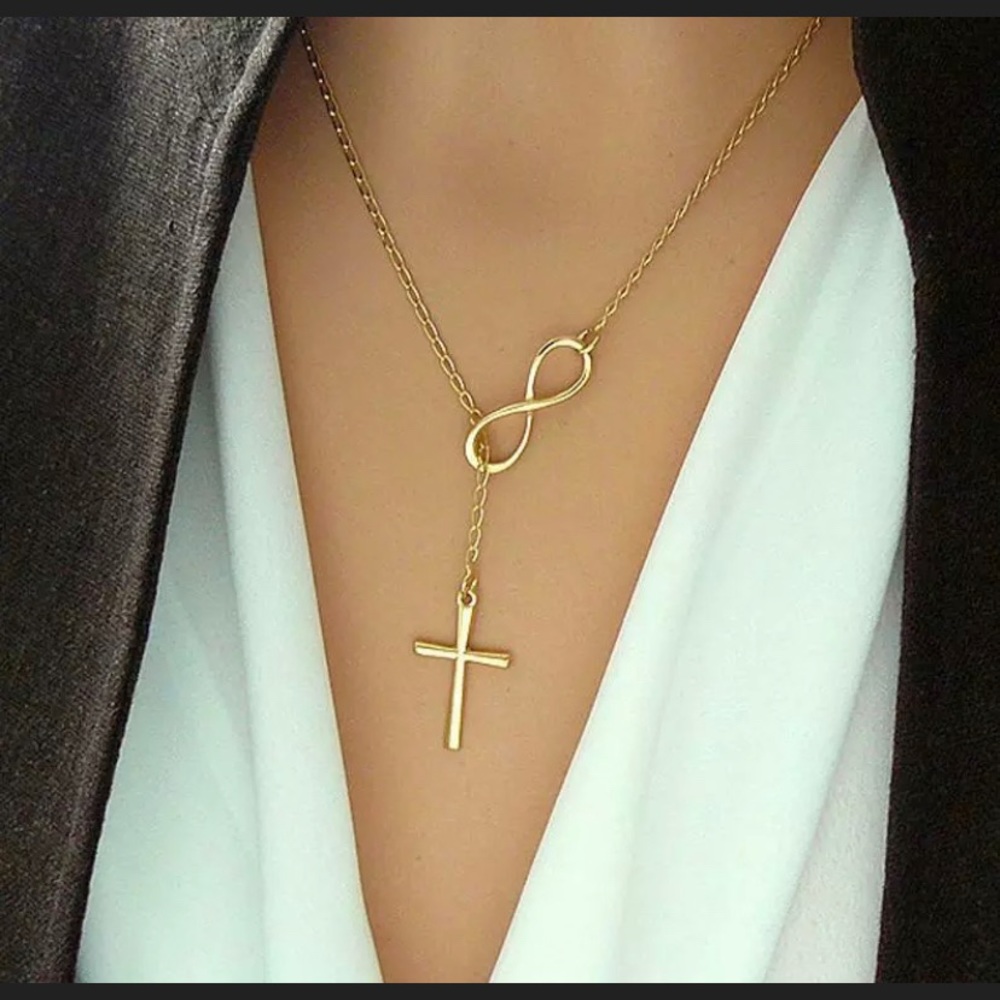 Gold Tone Small Cross & Infinity Necklace